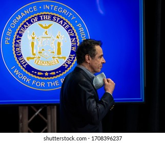 Manhasset, NY - April 19, 2020: Governor Andrew Cuomo Conducts Daily Briefing To Media On COVID-19 Pandemic At The Feinstein Institute For Medical Research Of Northwell Health