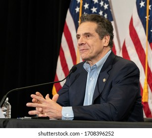 Manhasset, NY - April 19, 2020: Governor Andrew Cuomo Conducts Daily Briefing To Media On COVID-19 Pandemic At The Feinstein Institute For Medical Research Of Northwell Health