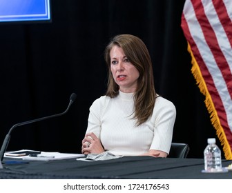 Manhasset, NY - May 6, 2020: Secretary To Governor Melissa DeRosa Speaks During Andrew Cuomo Media Briefing At The Feinstein Institute For Medical Research Amid COVID-19 Pandemic