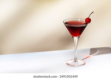 Manhattan alcoholic cocktail drink with whiskey, red vermouth and cherry in martini glass. Beige background - Powered by Shutterstock