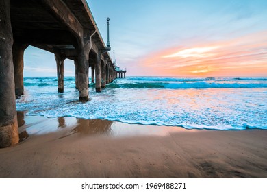 Manhattan Beach Pier At Sunset, Orange-pink Sky With Bright Colors, Beautiful Landscape With Ocean And Sand