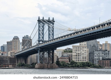 manhattan bridge detail (downtown lower east side view looking towards brooklyn with hudson river) famous landmark with tall buildings skyline background famous new york city travel destination nyc - Powered by Shutterstock