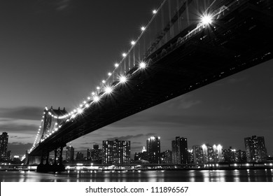 Manhattan Bridge And Skyline At Night, New York City