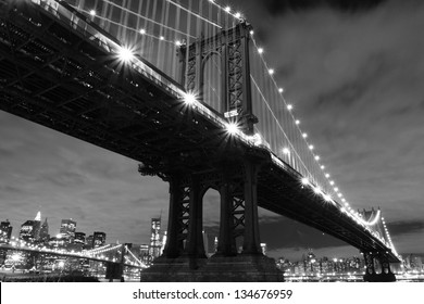 Manhattan Bridge And Skyline At Night, New York City