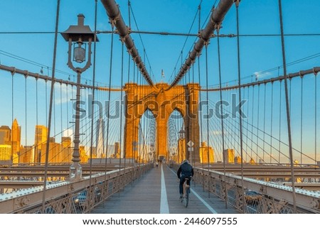 Similar – Image, Stock Photo Brooklyn Bridge over river against city in evening