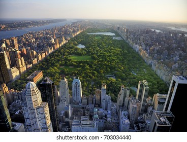 Manhattan Central Park View From High Position In The Evening Landscape