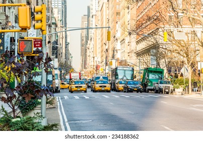 Manhattan, Circa Dec 2011: Classic Street View, People  And Skyscrapers Of Manhattan In New York