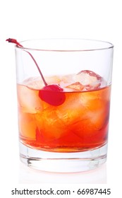 Manhattan Cocktail In Old Fashioned Glass Isolated On White