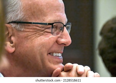 MANHATTAN KANSAS, APRIL 24. 2021
United States Senator Jerry Moran (R-KS) Smiling While Listening To Speakers During The Annual Kansas State Republican Convention  