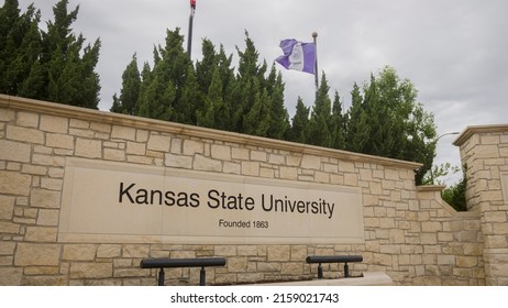 Manhattan, KS - May 21, 2022: Kansas State University (KSU) Wildcats' Campus Entrance With Flag