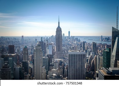 Manhattan Midtown Skyline With Skyscrapers In The Morning. New York City, USA