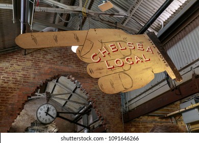 Manhattan, New York City - May 10, 2018 : Big Hand Sign And Clock, Interior View Of Chelsea Local Market. NYC Landmark.