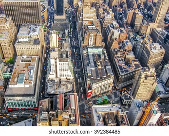 Manhattan, New York City, United States - 1st May, 2008:  Aerial View Of Skyscrapers, Streets And People On Their Way To Work.