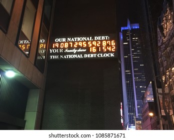 Manhattan, New York City, USA - April 2, 2016: The National Debt Clock In Manhattan.