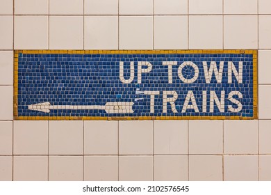 Manhattan, New York City, New York, USA. Tile mosaic sign in the World Trade Center subway station.