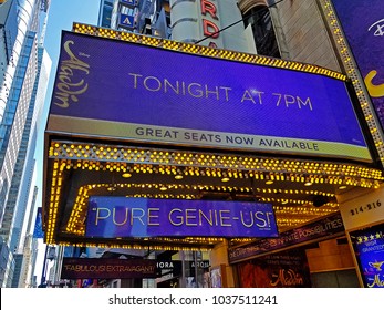 MANHATTAN, NEW YORK CITY/USA - FEBRUARY 21, 2018: The Marquee Of Disney's Aladdin, A Hit Broadway Musical, Which Is Playing At The New Amsterdam Theatre. Aladdin Is Directed By Casey Nicholaw.