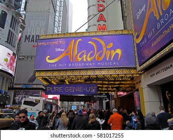 MANHATTAN, NEW YORK CITY/USA - FEBRUARY 11, 2017: The Marquee Of Disney's Aladdin, A Hit Broadway Musical, Which Is Playing At The New Amsterdam Theatre. Aladdin Is Directed By Casey Nicholaw.