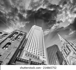 Manhattan, New York. Classic City Skyscrapers View From Street Level.