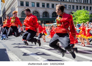 Manhattan, New York, May 18, 2019: 13th Annual New York City Dance Parade And Festival  -  Folk Dance Club `Kaleidoscope`