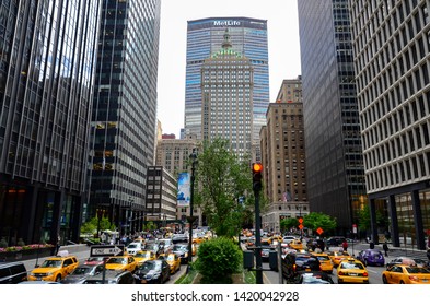 Manhattan, New York, NY / USA - May 1, 2019: Park Avenue And View Of MetLife Building With Yellow Taxi Cabs, Manhattan, NY, USA