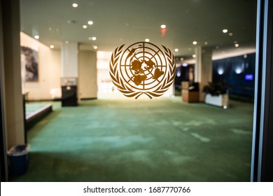 Manhattan, New York, USA. 01/03/2020  The United Nations Logo On The
2nd Floor Looking To The General Assembly Entrance