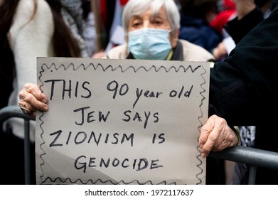 MANHATTAN, NEW YORK, USA - 11 May, 2021: Protesters supporting Palestinian rights rally in front of the Israeli Consulate in New York City.