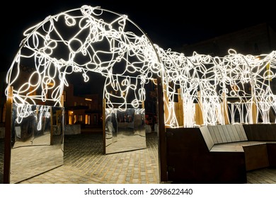 Manhattan, New York, USA - December 17, 2021:    Light Installation Art At Meatpacking District.