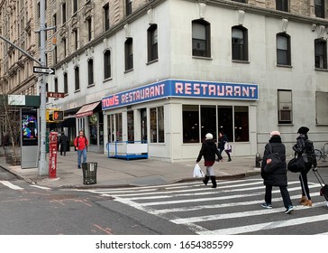 Manhattan, New York / USA - Jan 12 2019: Close up of Toms Restaurant, location setting for the Monks Coffee Shop, used as meeting place for the characters in the TV sitcom Seinfeld on NBC