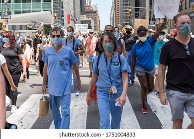 Manhattan, New York / USA - June 6, 2020: Protesters, Nurses, Doctors In Columbus Circle And Washington Square Park With Signs And Posters Marching And Protesting And Taking A Knee During Coronavirus