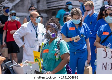 Manhattan, New York / USA - June 6, 2020: Protesters, Nurses, Doctors In Columbus Circle And Washington Square Park With Signs And Posters Marching And Protesting And Taking A Knee During Coronavirus