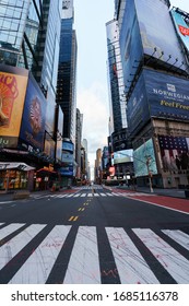 Manhattan. New York / USA - March 26 2020:
Empty Streets Of New York At Times Square 42nd Street During Pandemic Virus Covid-19