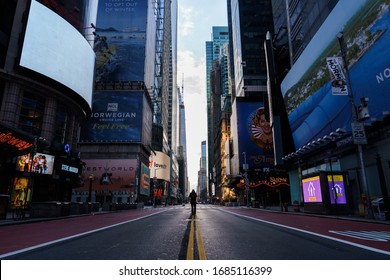 Manhattan. New York / USA - March 26 2020:
Empty Streets Of New York At Times Square 42nd Street During Pandemic Virus Covid-19