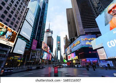 Manhattan. New York / USA - March 26 2020:
Empty Streets Of New York At Times Square 42nd Street During Pandemic Virus Covid-19