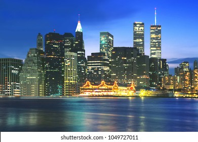 Manhattan, New York, USA - May 16, 2000 : The Twin Towers And Manhattan Skyline Before 9/11 Seen From Brooklyn Bridge With East River