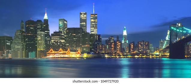 Manhattan, New York, USA - May 16, 2000 : The Twin Towers And Manhattan Skyline Before 9/11 Seen From Brooklyn Bridge With East River