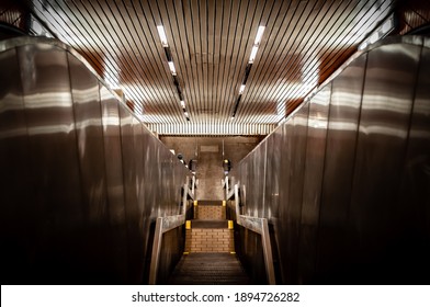 Manhattan, New York, USA - May 10, 2020.
An Entrance To 63rd Street Subway Station On Manhattan, NYC.  View Of The Escalators And Stairs.