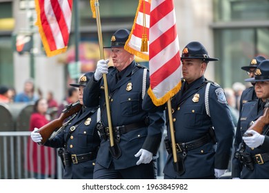 Manhattan, New York, USA - November 11. 2019: US Customs Honor Guard In NYC Marching At Veterans Day Parade On Fifth Avenue