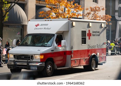 Manhattan, New York, USA - November 11. 2019: American Red Cross Disaster Relief Truck At Veterans Day Parade In NYC