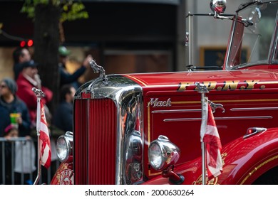 Manhattan, New York,USA - November 11. 2019: Front Of Mack Fire Truck Driving On Fifth Avenue At The Veterans Day Parade