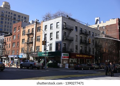 Manhattan, NY - March 09, 2017: Lower Manhattan Street Corner In New York City, NY