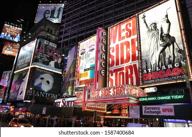 Manhattan, NY - November 7th 2010: Theater at Times Square at 7th Avenue showing advertisement billboards for Broadway shows in Manhattan, New York City. 