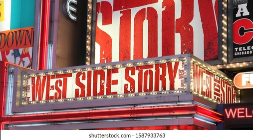 Manhattan, NY - November 7th 2010: Theater at Times Square at 7th Avenue showing advertisement billboards for Broadway shows in Manhattan, New York City. 