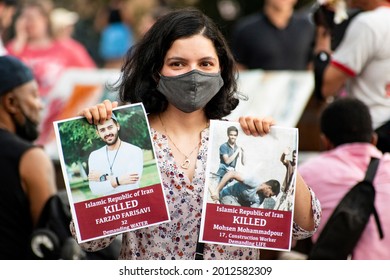 Manhattan, NY, United States. July 22, 2021: Gathering at Washington Square Park in support with the protests for access to water in Khuzestan, Iran.