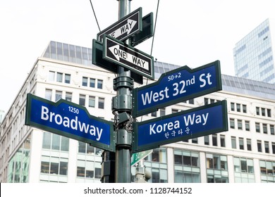 Manhattan NYC Buildings Of Midtown Near Korean Town, Korea Way Road Signs On West 32nd Street, Broadway In New York City