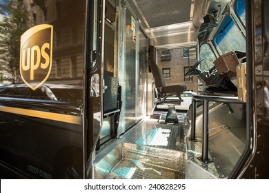 MANHATTAN, NYC, UNITED STATES - SEPTEMBER 15, 2014: UPS Delivery Truck Cabin, Driver Out For Delivery