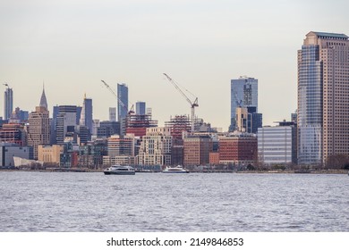 Manhattan Office Buildings, Skyscrapers In The Morning.  Panoramic Shot Of New York City