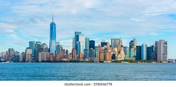 Manhattan panoramic skyline. New York City, USA. Office buildings and skyscrapers at Lower Manhattan.