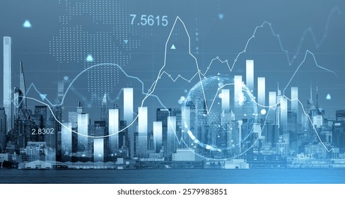 Manhattan skyline with financial charts, graphs, and data overlays in a futuristic blue tone. Concept of business, stock market, and forex trends