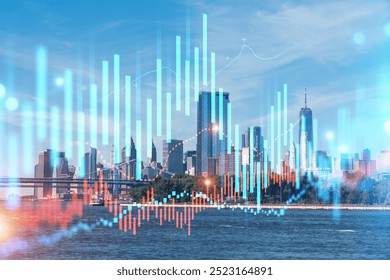 Manhattan skyline with financial data graph overlay, showing growth trends against a clear blue sky, highlighting economic concepts