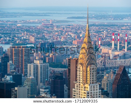 Manhattan skyline including architectural landmark Chrysler Building in New York City, United States of America.